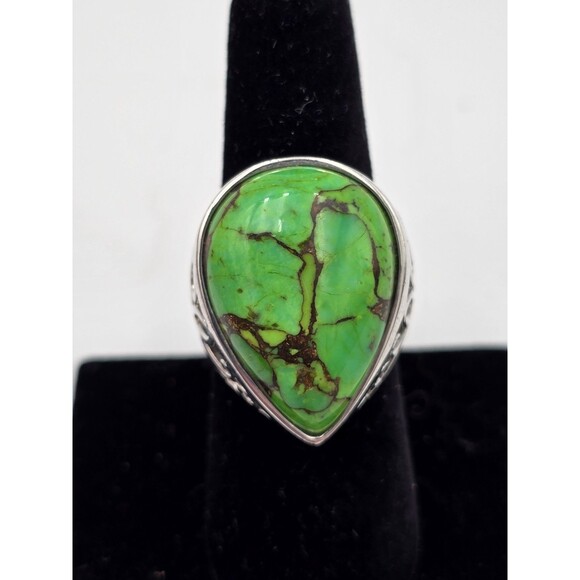 Green Copper Turquoise Teardrop 925 Sterling Silver Ring Size 8 MSI Thailand - Picture 5 of 10